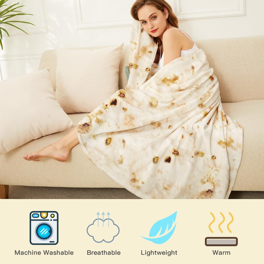 LetsFunny Burrito Tortilla Throw Blanket, 2.0 Double Sided Burritos Taco Tortilla Wrap Blankets,Giant Funny Realistic Flannel Food Round Blankets,Funny Gifts for Kids Teen Newborn Dog Cat Shower 47in