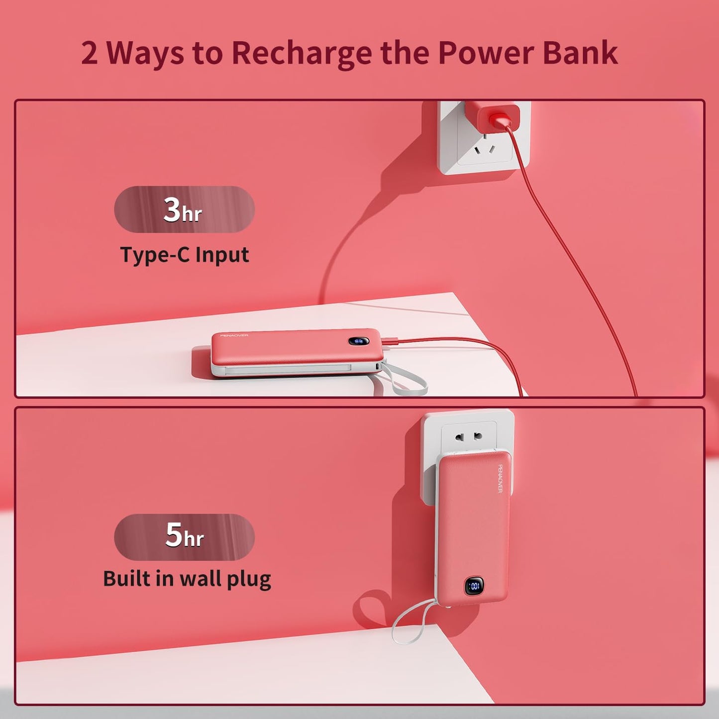 Portable Charger with Built-in Cables&AC Wall Plug,Slim 10000mAh 22.5W Fast Charging Power Bank,5 Output 2 Input USB-C External Battery Pack Compatible with iPhones,Samsung,Android, etc