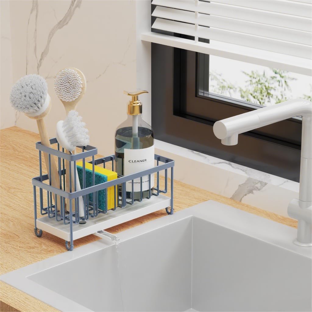 Cisily Sponge Holder for Kitchen Sink, Sink Caddy Organizer with High Brush Holder, Kitchen Countertop Organizers and Storage Essentials, Rustproof 304 Stainless Steel (Gray Blue, 9.25″)