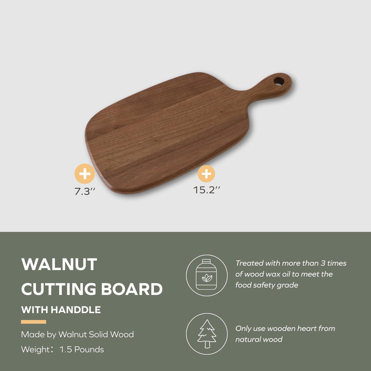 Muso Wood Small Cutting Board with Handle, Walnut Wooden Chopping Boards for Bread, Vegetables & Fruits, Dinner Cheese Board with Hole(15.2x7.3 Inches)