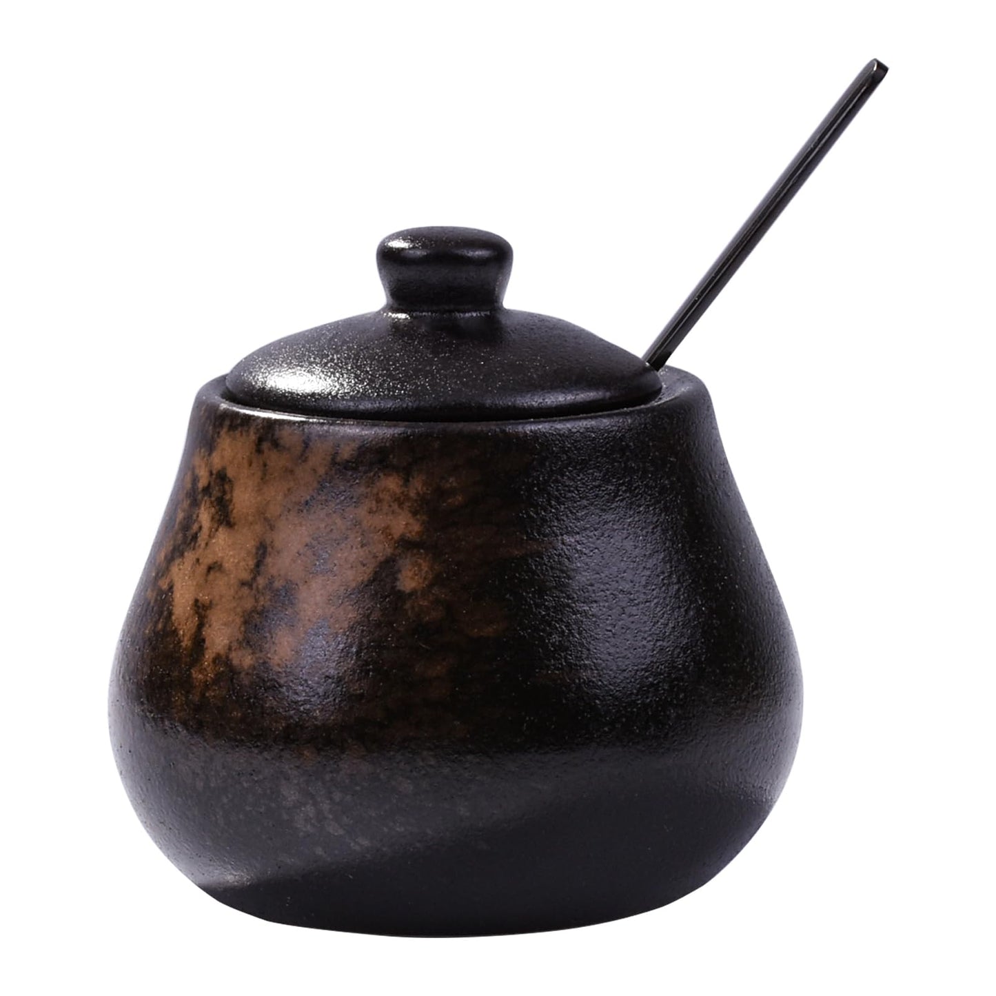 BOSILI Sugar Bowl with Lid and Spoons, 3.9" Rustic Reactive Kiln-Glaze Spice Jar, Black & Brown Porcelain Condiment Pot for Salt, Jam & Seasonings, Textured Stoneware Salt Cellar for Kitchen & Cafe