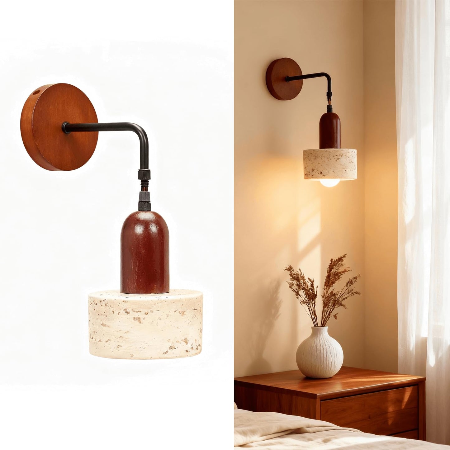 Zelipan Faux Travertine Wall Sconce, 4.7" Hardwired Wall Mounted Light, Adjustable Height Mid Century Modern Marble Lamp for Bedroom, Bedside, Reading (E26 Bulb Not Included)
