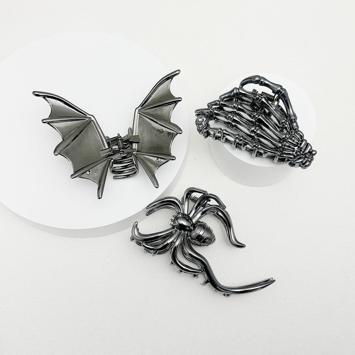 Parcce 3 Pieces Large Metal Spider Net Bat Hand Hair Claw Clips for Women and Girls Thick Long Hair, Nonslip Skeleton Spooky Barrette Headband Hair Styling Accessories for Halloween Christmas Gifts