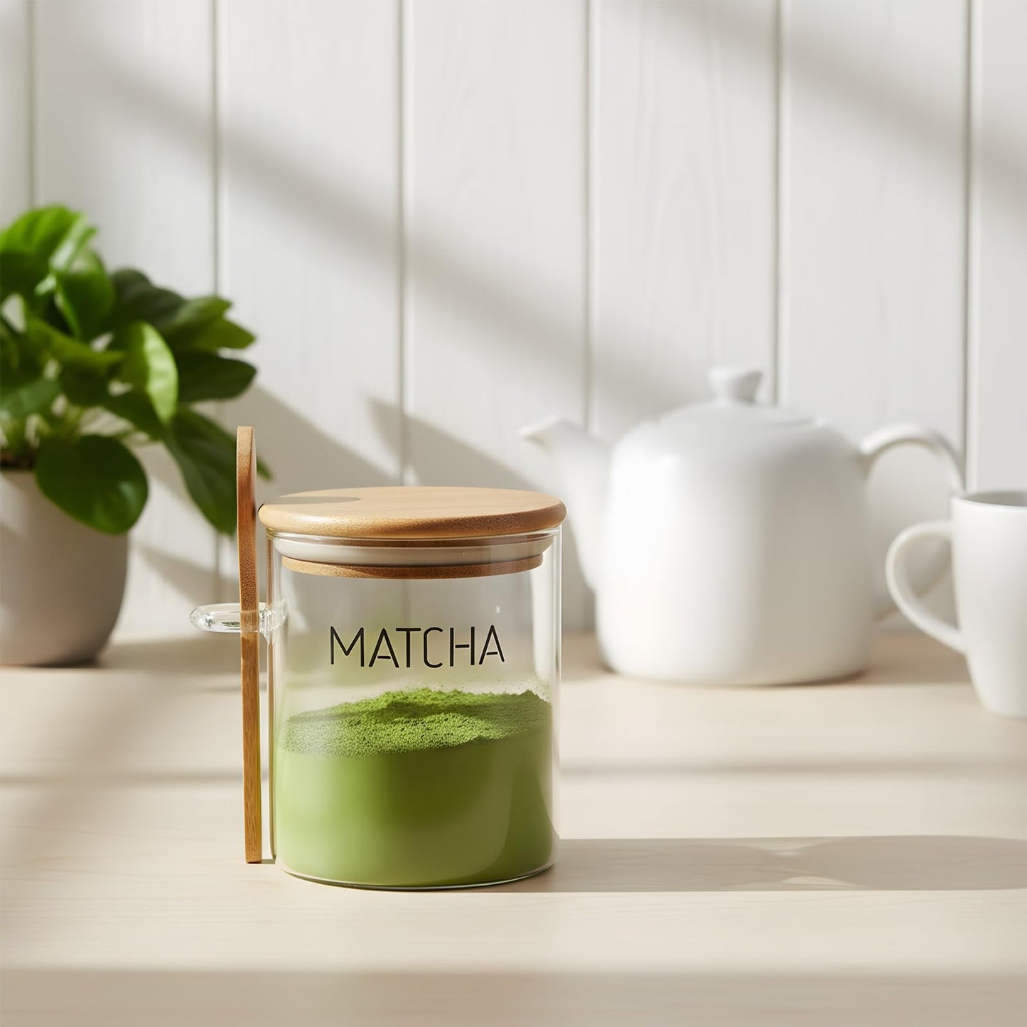 Suclain 17 oz Matcha Glass Container with Airtight Lid Matcha Powder Storage Canister with Wooden Spoon Clear Food Jar for Sugar Coffee Beans Bath Salt Storage Overnight Oats