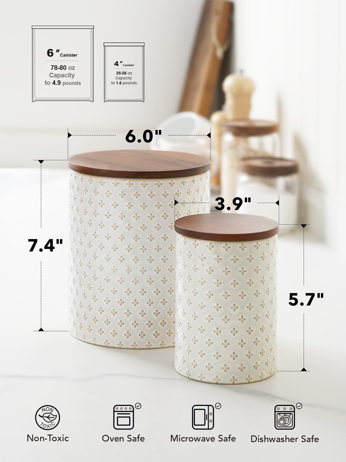 LE TAUCI Ceramic Coffee Canister Set with Airtight Lids, Decorative Food Storage Jars for Sugar, Flour and Tea - Large Kitchen Countertop Canisters for Pantry Decor, Set of 2 (78/25 oz), Clover
