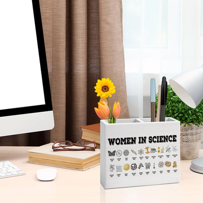 Women in Science Pencil Holder Decor Science Teacher Gifts Chemistry Theme Wooden Organizer Vase for Office Home Desk Table Teacher Appreciation Gifts for Office
