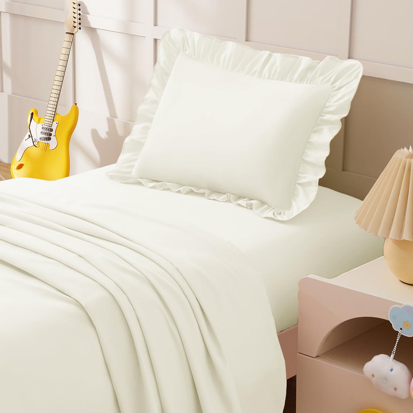 KKJIAF 3 Piece Toddler Sheet Set Microfiber, Includes a Flat Sheet, a Fitted Sheet and a Ruffle Pillowcase, Beige