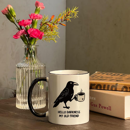 Kadiak Novelty Crow Mug Gift for Bird Lovers and Coffee Lovers 11oz - Hello Darkness My Old Friend, Bird Mug， Funny Raven Crow Coffee Mug Gifts for Women Men