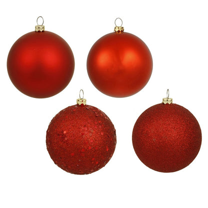 Vickerman 6" Red 4-Finish Ball Christmas Ornament Set - Shatterproof Plastic - 4 Ornaments per Box - Ready to Hang - Seasonal Holiday Decorations- Variety Pack