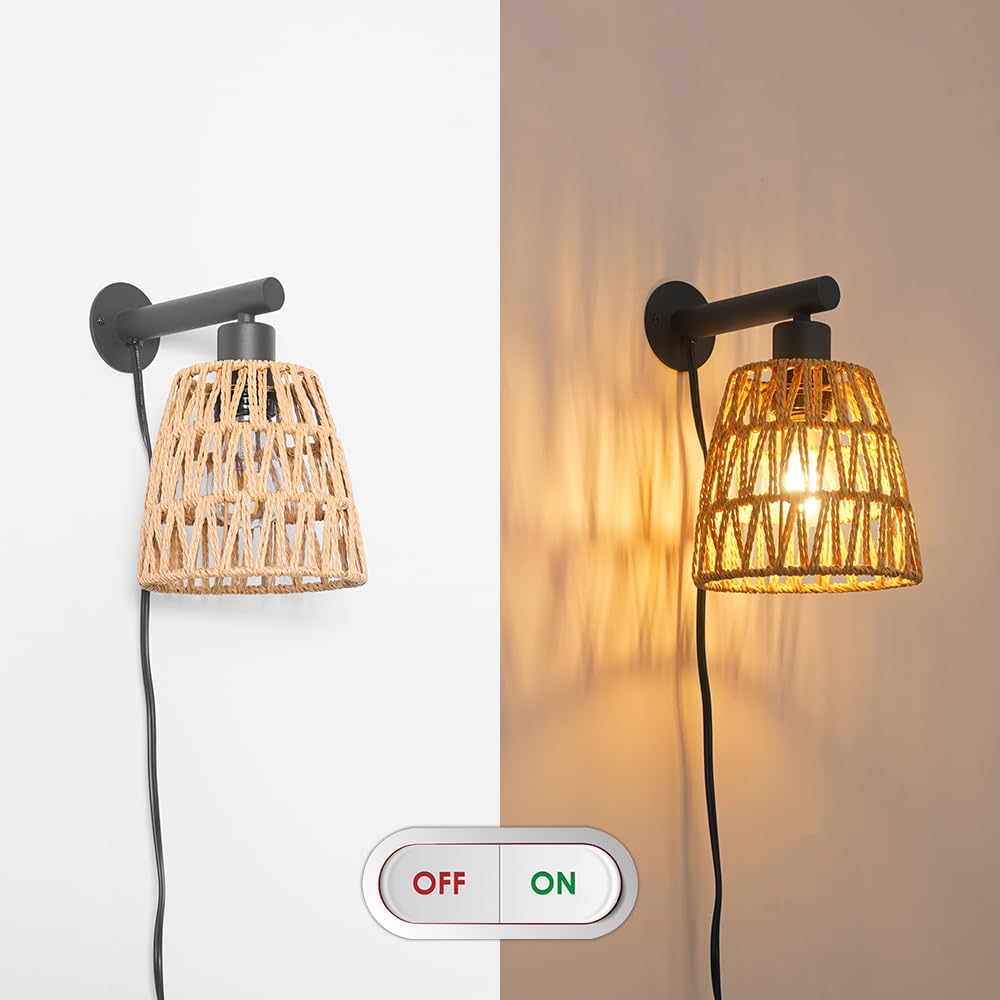 Boho Plug in Wall Sconce Set of 2 – Black Farmhouse Wall Lights with Rattan Shade | Bedroom & Living Room Plug in Wall Lamps for Sofa (5.9FT On/Off Switch Cord)