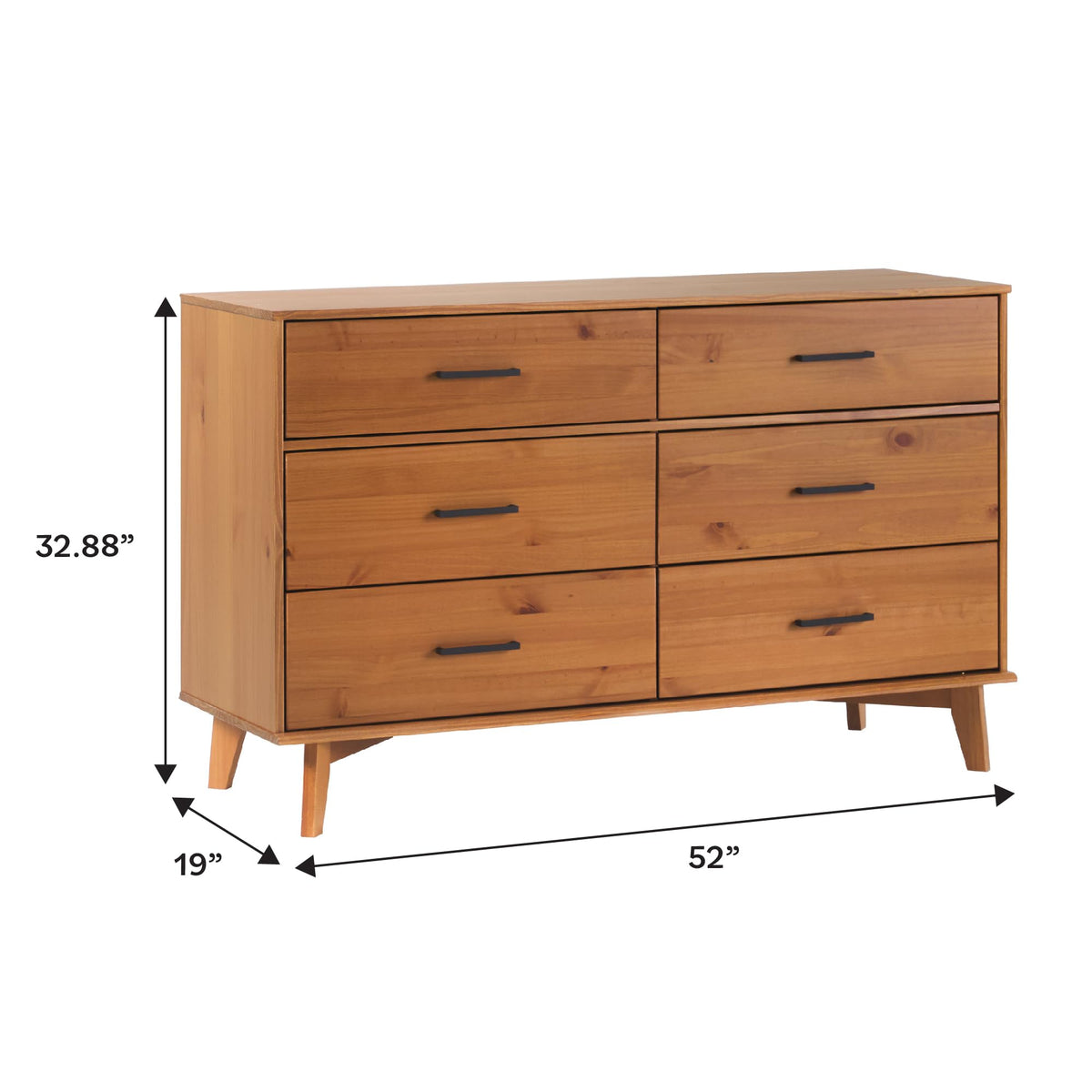 Walker Edison Sloane 6-Drawer Solid Wood Dresser with Metal Handles, 52 Inch, Caramel