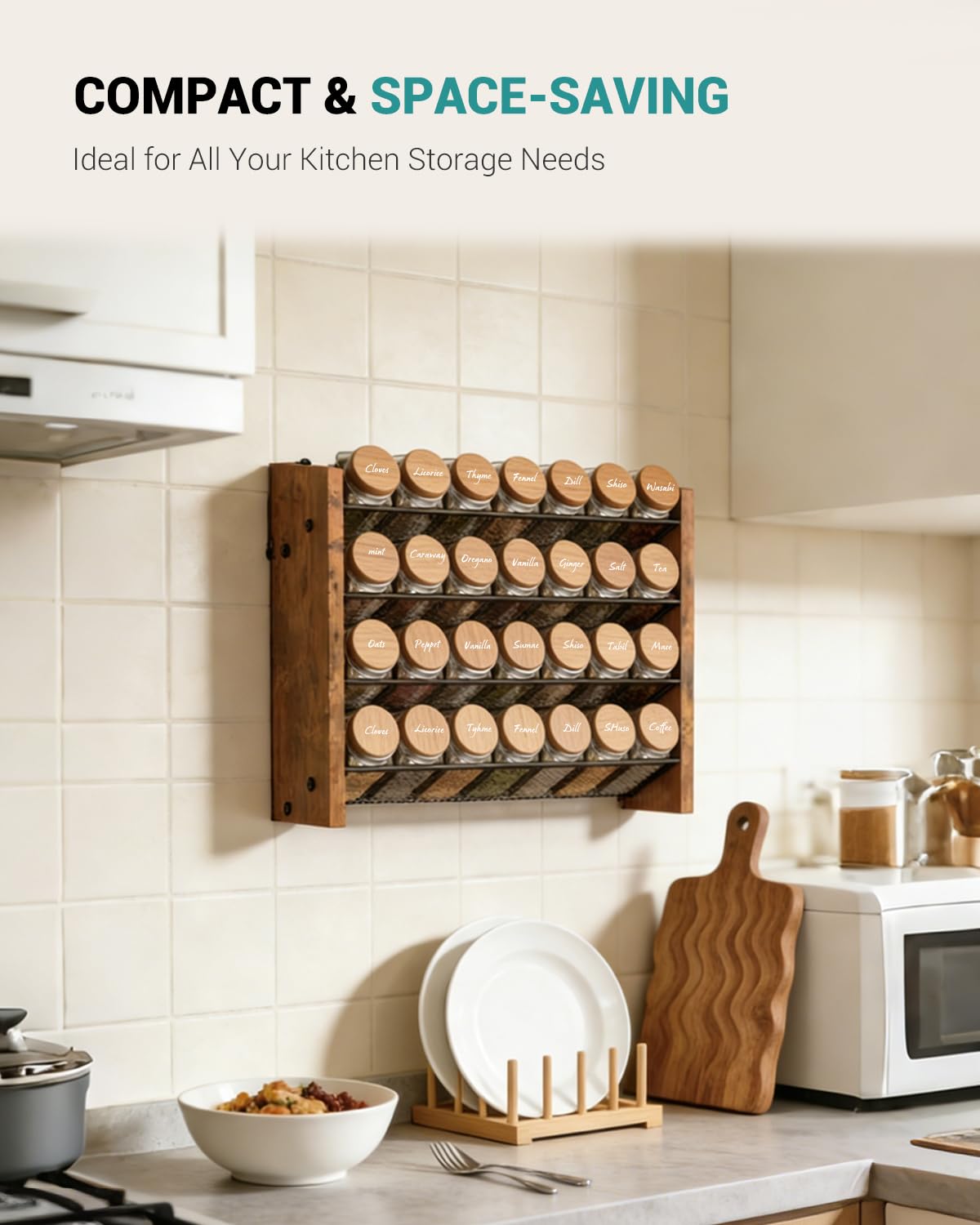 NESAPTO Spice Rack Organizer for Cabinet, Wood 4-Tier Vertical Seasoning Organizer, Wall Mount or Countertop Spice Shelf, Holds 28 Jars (No Jars Included), 14" W x 9.4" H