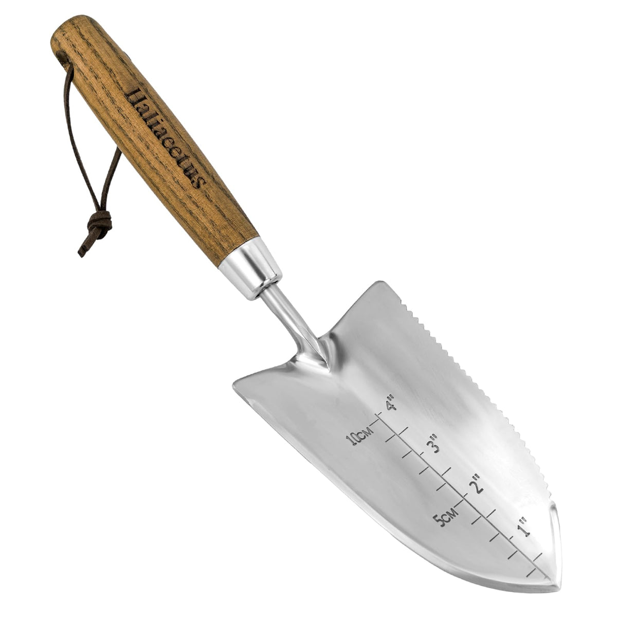 Haliaeetus Garden Trowel with Serrated Edge, 4'' Depth Marks Planting Shovel, V-Shaped Sharp Edge Garden Tool, Stainless Steel with Comfortable Wood Handle for Planting and Weeding