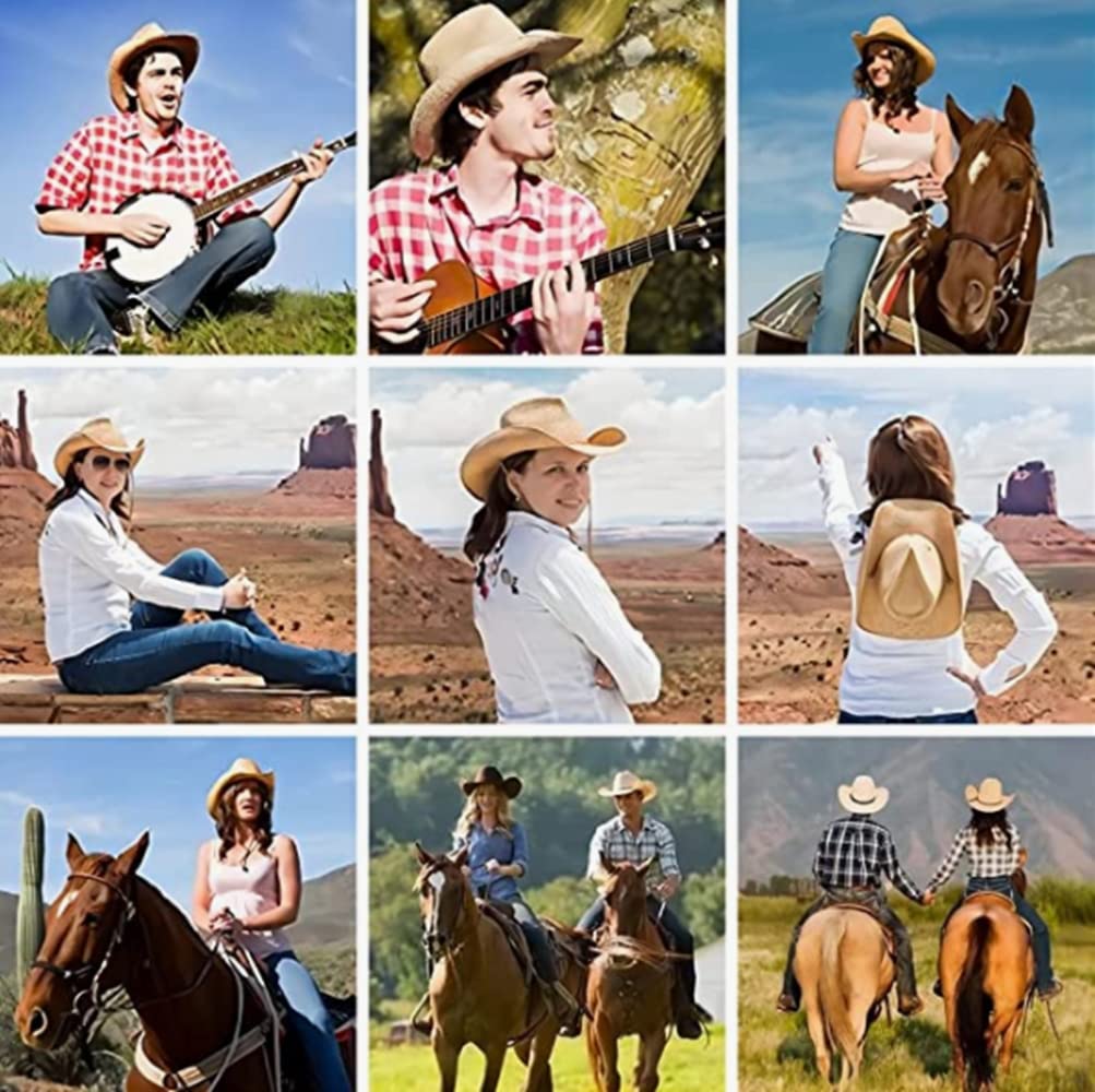 Straw Cowboy Hat for Women Men Classic Western Cowgirl Cap Foldable Sunhat Shapeable Fedora Panama Cap Wide Brim Beach Hat Coffee