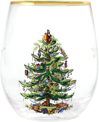 Spode Christmas Tree 19oz Stemless Wine Glasses, Set of 4 - Vintage-Inspired Holiday Drinkware with Cozy Seasonal Charm, Ideal for Mulled Wine at Festive Gatherings & Holiday Entertaining