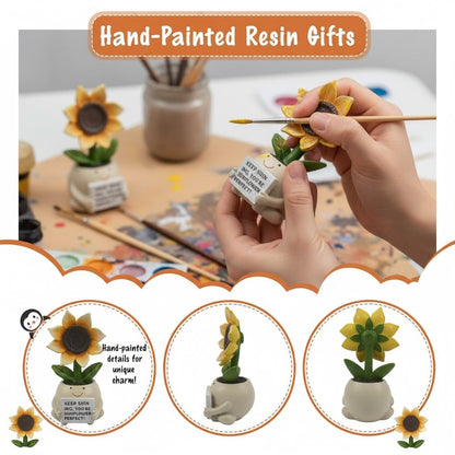 Inspirational Sunflower Gifts for Women Men, Keep Shining Resin Desk Decor, Cute Mini Plant Pot Figurine - Unique Thinking of You Encouragement Present for Coworker Friend Get Well Soon (Sunflower)
