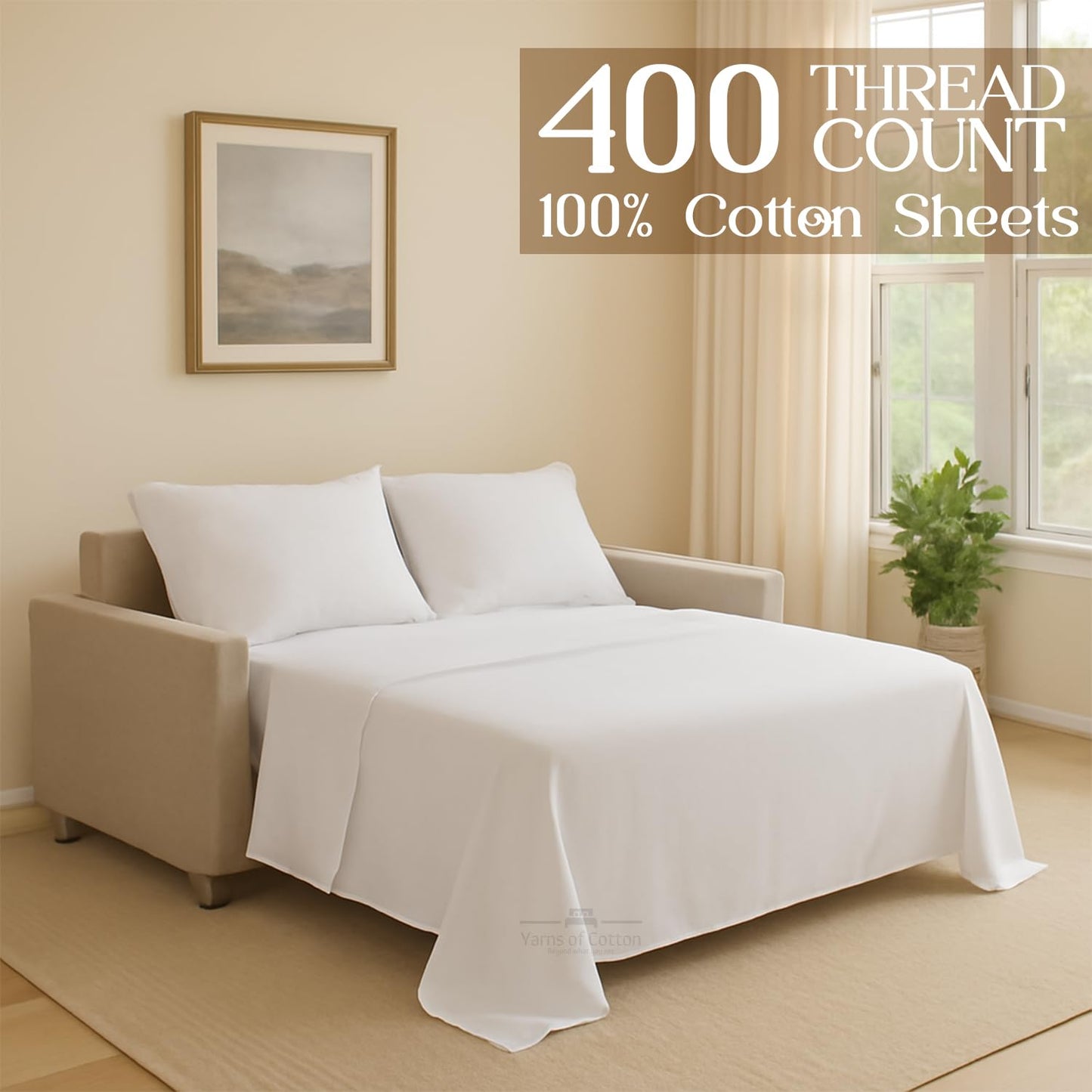 Sleeper Sofa Bed Sheet, 100% Cotton 400 Thread Count, 4 Piece Set, Deep Pocket Fitted Sheet, Soft Wrinkle Free & Breathable, Luxury Hotel Quality, Fits Up to 6 Inch Mattress (Full, White)