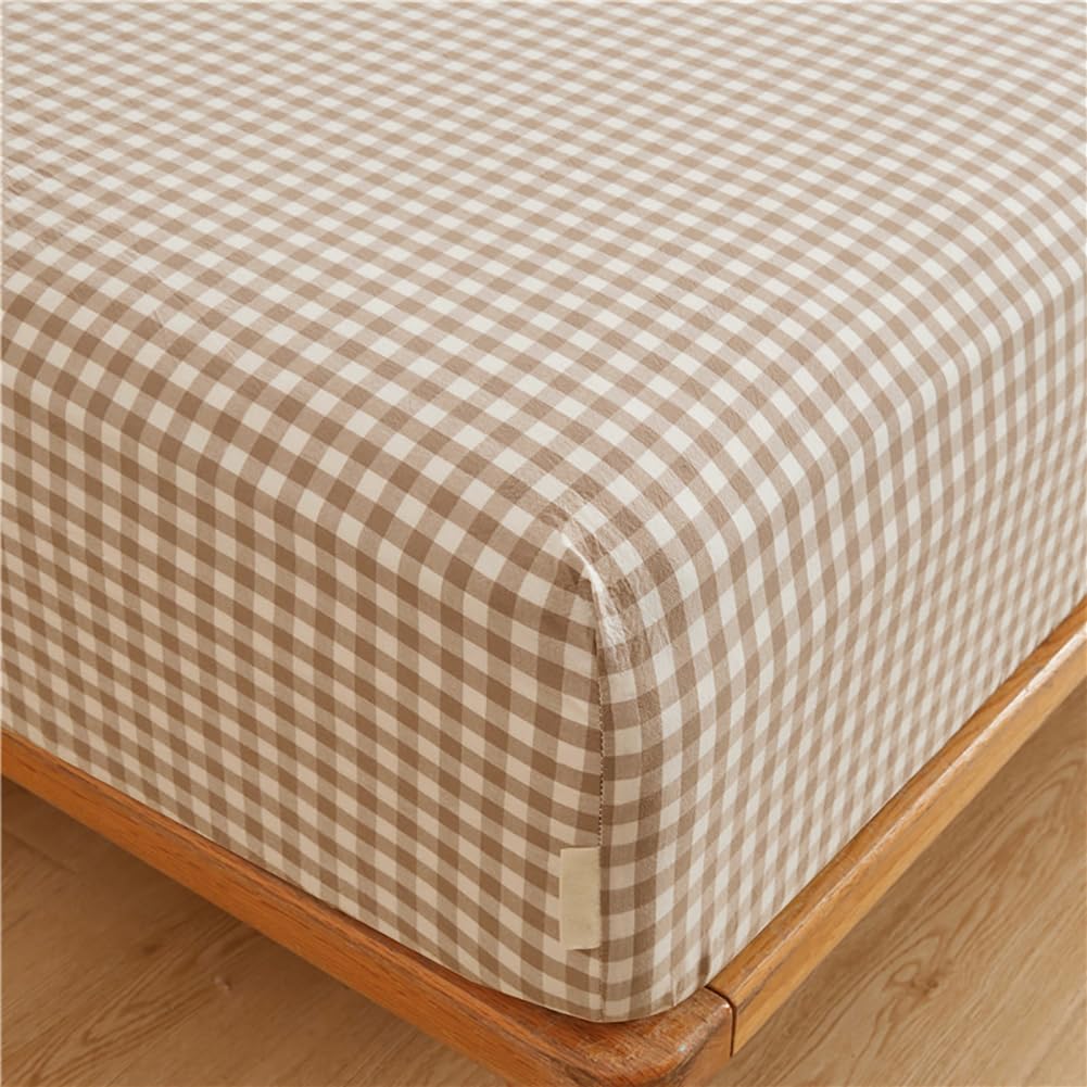Tan Gingham Fitted Sheet Queen 100% Washed Cotton Taupe Plaid Queen Bed Sheet Grid Single Bottom Sheet with 15" Deep Pocket Gingham Bedding Grid Sheet 1 Piece Cotton Breathable Mattress Cover