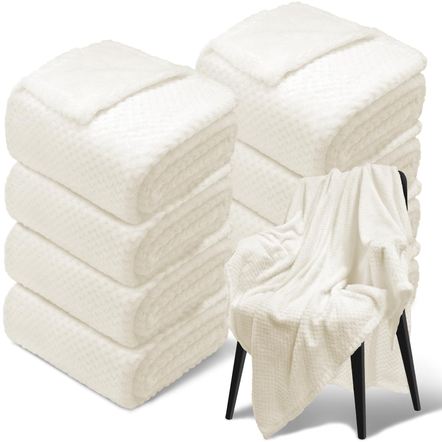 Tewloss 8 Pack Fleece Throw Blankets 50x60 Inches - 240 GSM Ultra Soft Plush Flannel for Bed Couch Sofa, Lightweight Warm 3D Waffle Texture, No Shedding No Pilling All Season Throw(Creamy White)