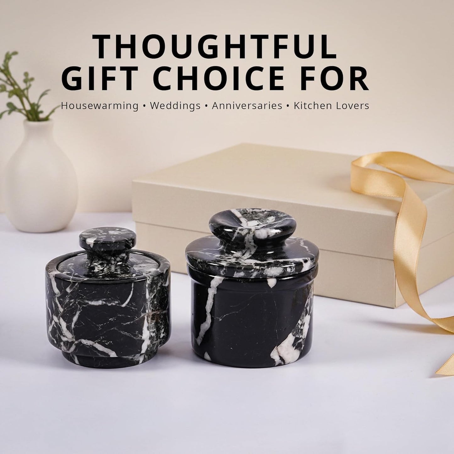 Marble Butter Keeper and Salt Cellar Set, Black Zebra Marble Kitchen Counter Containers for Butter, Seasoning & Condiments, Home & Kitchen Décor