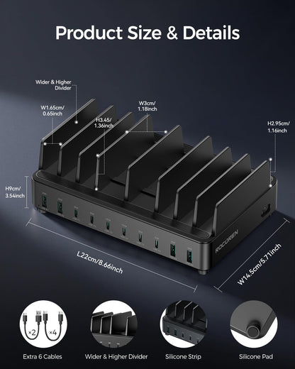 400W Charging Station for Multiple Devices, 10 Port Double PD 100W USB C Charging Station with 6 Cables, Multi-Device Organizer Fast Charging Dock for MacBook, iPad, iPhone, Cell Phone, Tablet