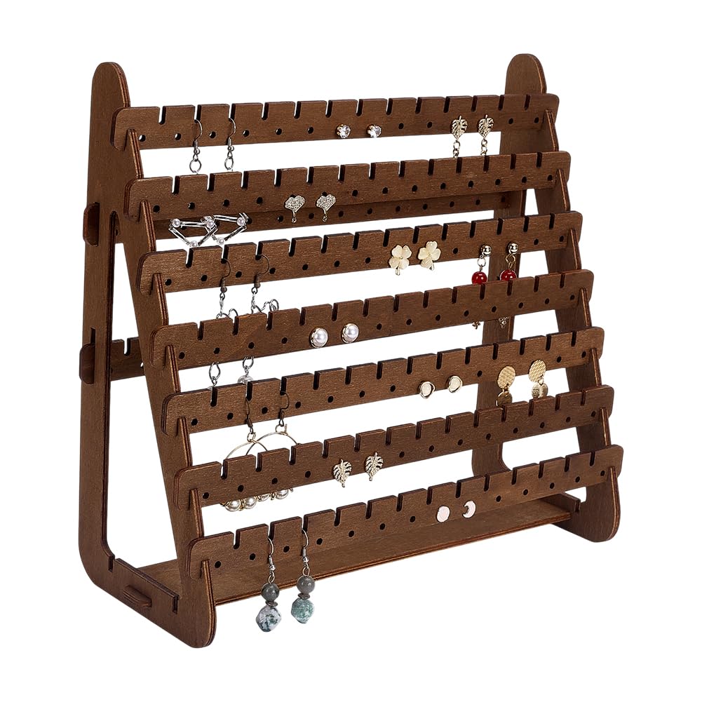 CRAFTYMELODY 7-Tier Wood Earring Stand Organizer Dangle Earring Jewelry Organizer Holder Stud Earrings Tower Detachable Wood Tiered Jewelry Card Display Tree Wooden Tray for Women Coconut Brown