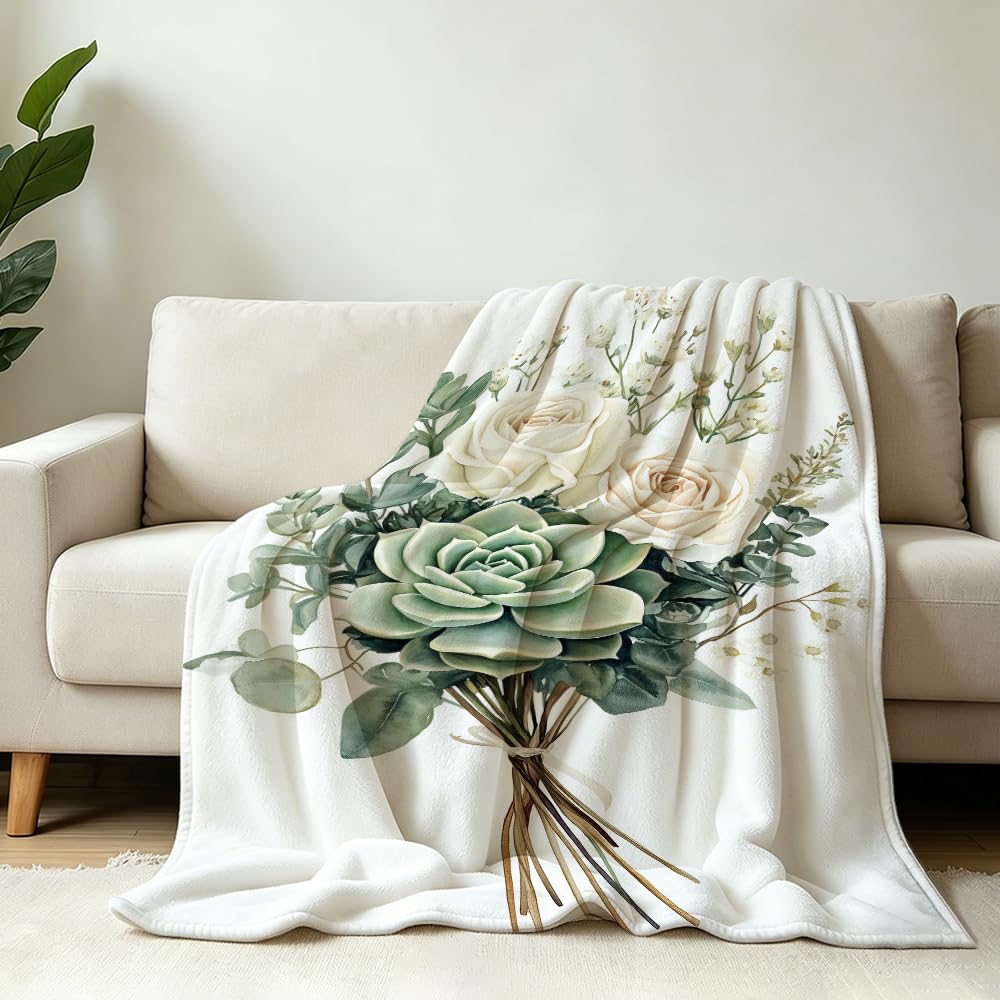HUNXIAOJ Botanical Throw Blanket Green Leaves Blanket Plant and Floral Decor Botanical Bedding Warm Soft Flannel for Bed Sofa Couch (49in x 59in)