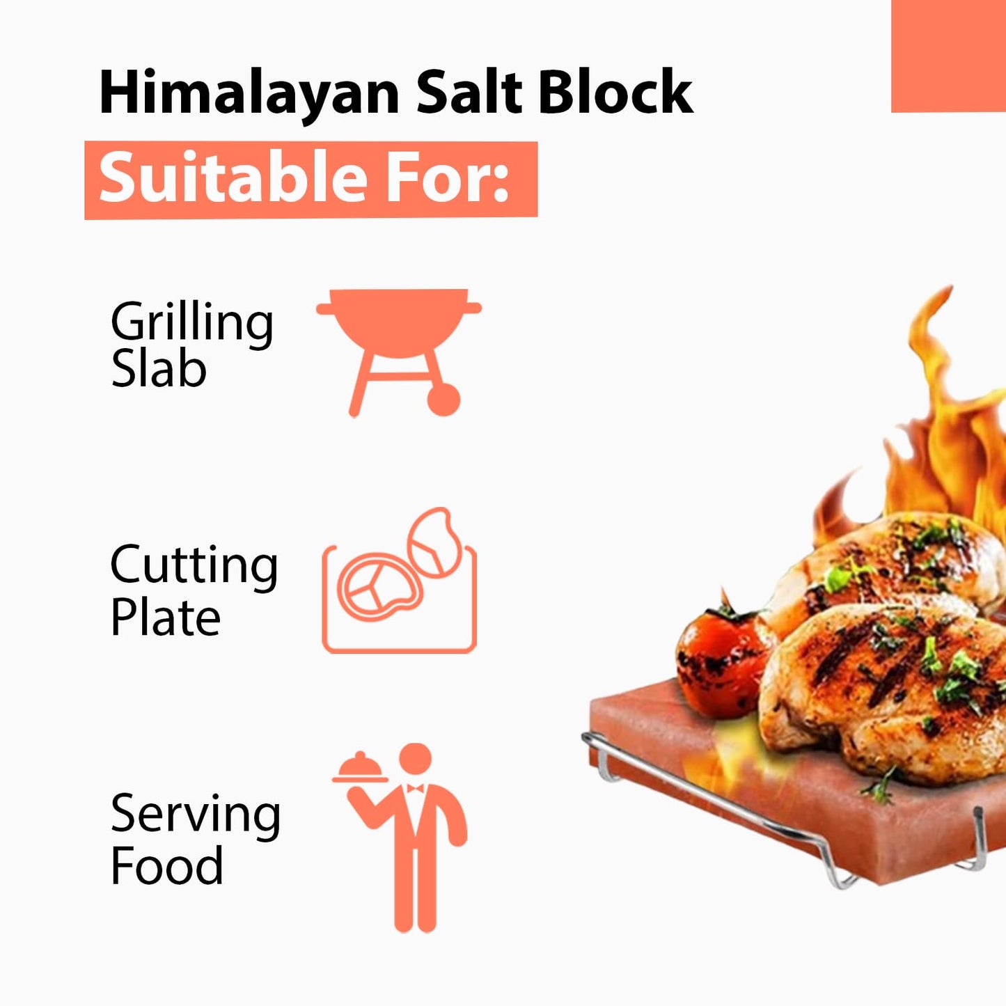 ZK Himalayan Salt Cooking Block 8"x8"x1” Plate with Steel Tray Holder- Food Grade Rock Salt for Grilling, Cutting, and Serving, Salt Slab a Unique Gift for Men, Women, Chefs & Cooks