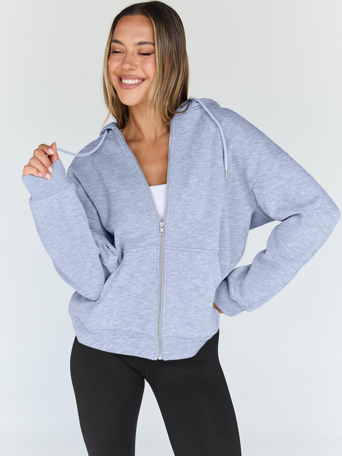 Trendy Queen Womens Zip Up Hoodies Oversized Sweatshirts Fall Fashion Outfits Casual Jackets 2025 Winter Clothes Grey M