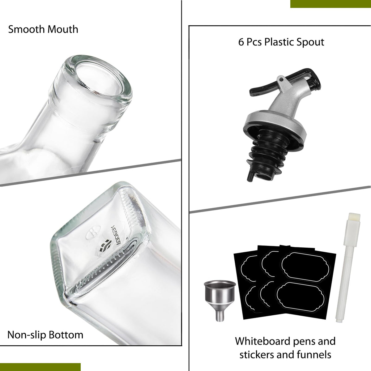 YEBODA 8oz Clear Glass Olive Oil Dispenser Bottles, and Vinegar Cruet Bottle Includes Pourers, Funnel Labels, Cooking Container for Kitchen 6 Pack