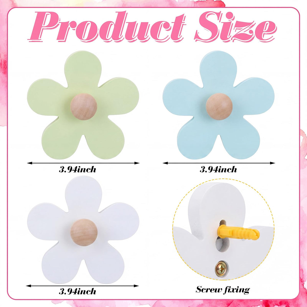 AceOrbit Pcs Daisy Wall Hooks Wood Flower Towel Hooks Cute Flower Decorative Wall Mount Hangers for Bathroom Kitchen Bedroom Home Entryway Decor(3,White, Green, Blue)