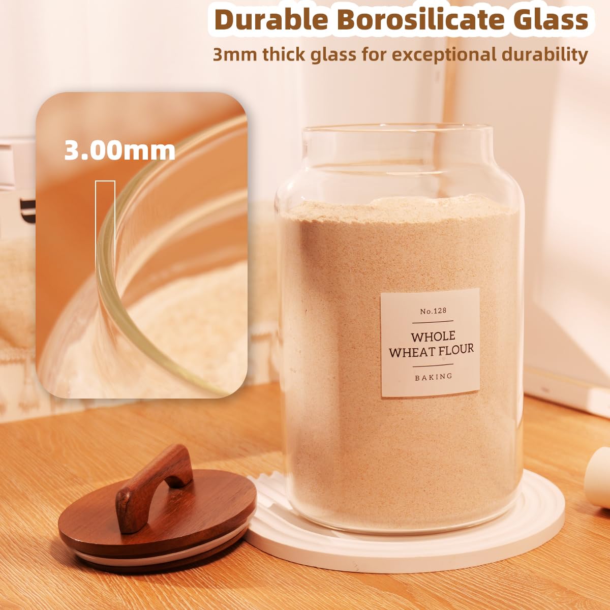 CZDYSM 2 Pack Large Glass Flour and Sugar Containers with 132 Pantry Labels - 1 Gallon Glass Canisters with Bamboo Airtight Lids - Farmhouse Glass Cookie Jars for Rice, Pasta, Cereal, Bath Salt