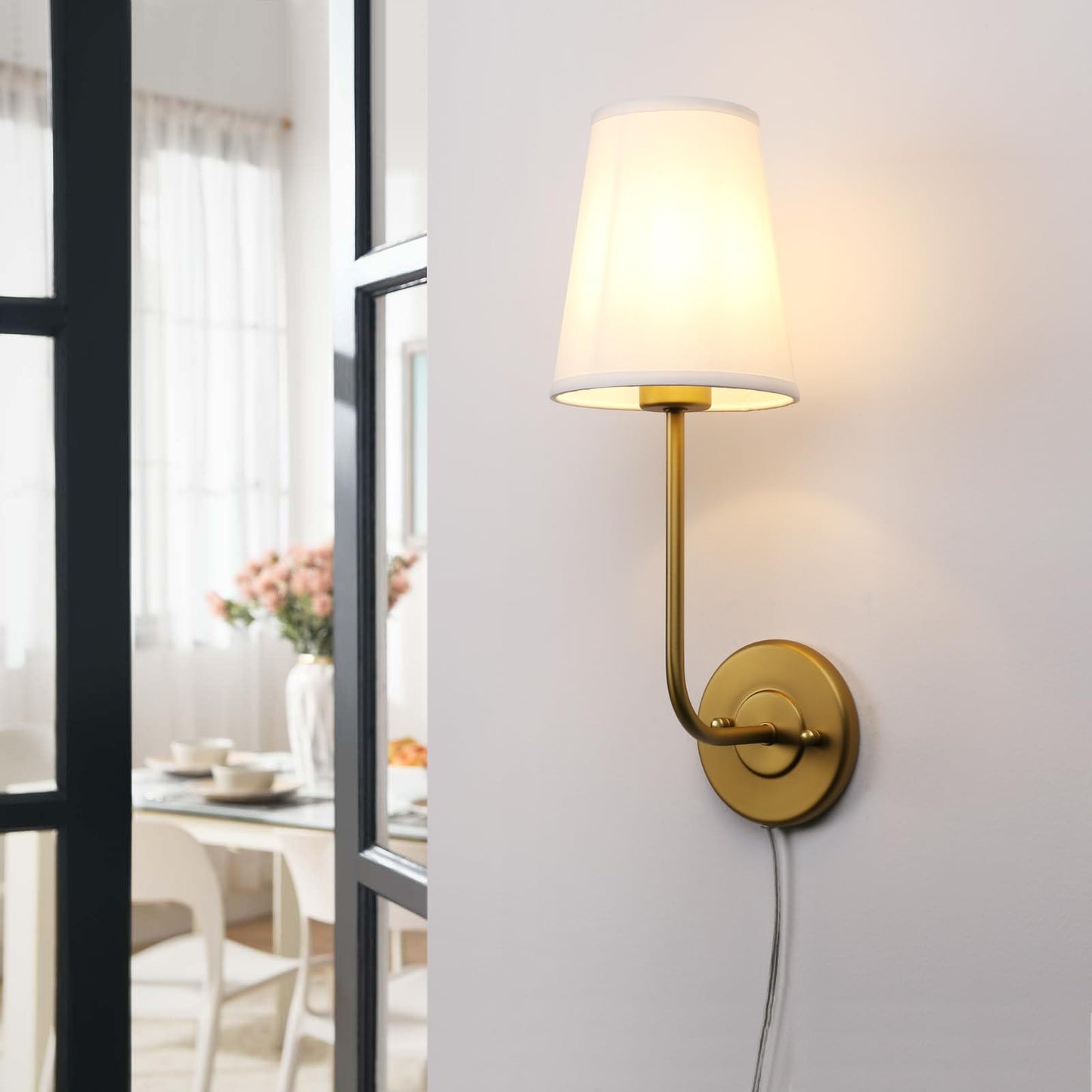Pathson Set of 2 Plug in Wall Sconces, Rustic Wall Lighting Fixtures with On/Off Switch and Pure White Fabric Lampshade, Antique Brass Wall Lamps for Living Room Bedroom