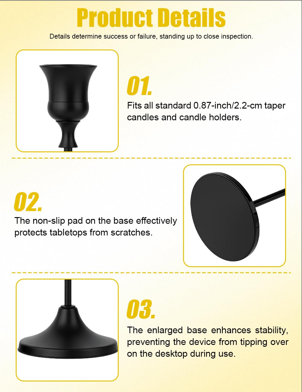 Oakernel Black Taper Candle Holders 2 Sets(6 Pcs) - Tall Metal Candlestick Holders for Table Centerpiece, Formal Dinner, Wedding, Fireplace Mantel Decor, Fits 3/4 Inch Thick Candles