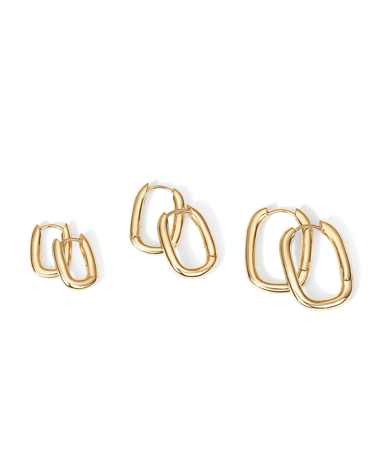 PAVOI 18K Yellow Gold Plated 925 Sterling Silver Posts Three Pairs Geometric Chunky Hoop Earrings for Women - Lightweight Rectangle Huggie Gold Hoops Earrings Set Piercing Pack