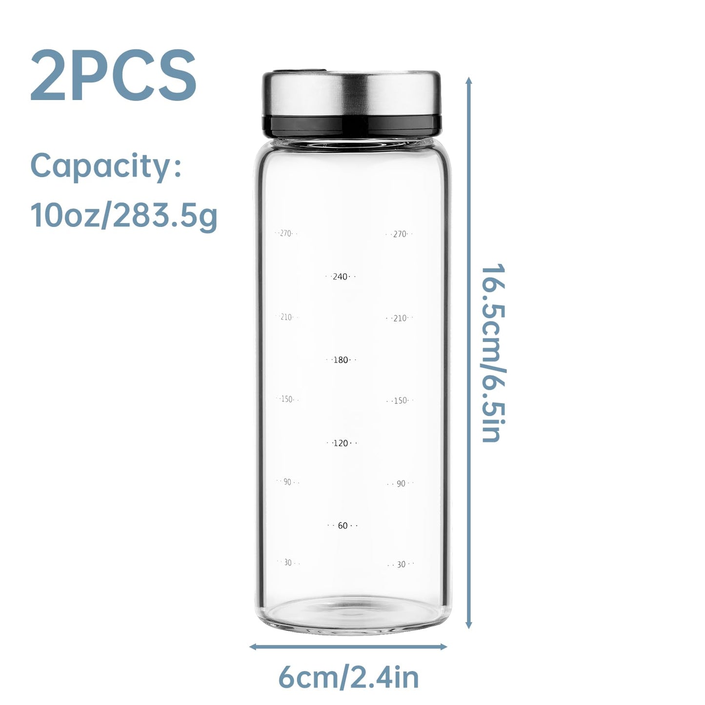 NiHome 2-Pack Spice Shakers with Adjustable Stainless-Steel Lids for Parmesan Cheese, Chili Flakes, Herbs, Salt, Pepper, 10oz Borosilicate Glass Seasoning Dispensers, Easy Refill and Dishwasher Safe