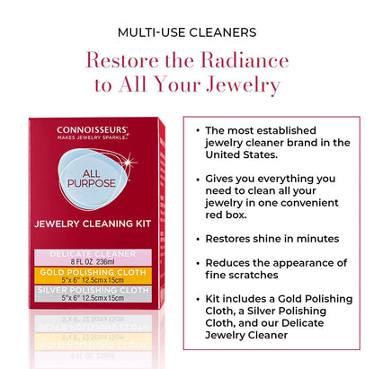 Connoisseurs All-Purpose Jewellery Cleaning Kit | Jewellery Cleaner with Gold & Silver Polishing Cloth | Silver Cleaning Cloth & Gold Polishing Cloth with Liquid Cleaning Solution for Precious Stones
