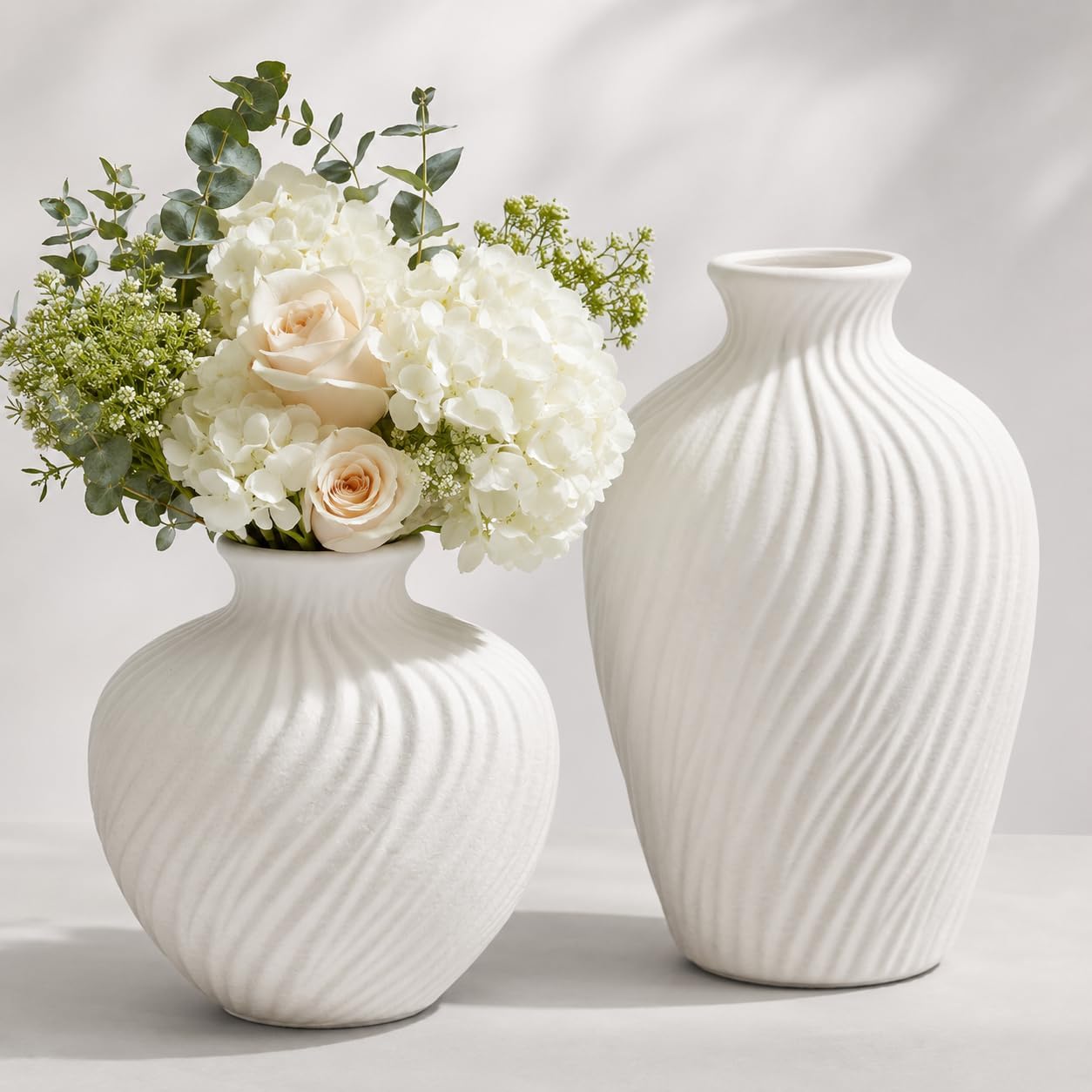 White Ceramic Vase Set of 2 - Modern Flower Vases for Home Decor - Rustic Textured White Vase for Living Room Decor - 8.65×5.5 & 5.5×5.5 Inch Round Vases for Dining Table Centerpiece Decoration