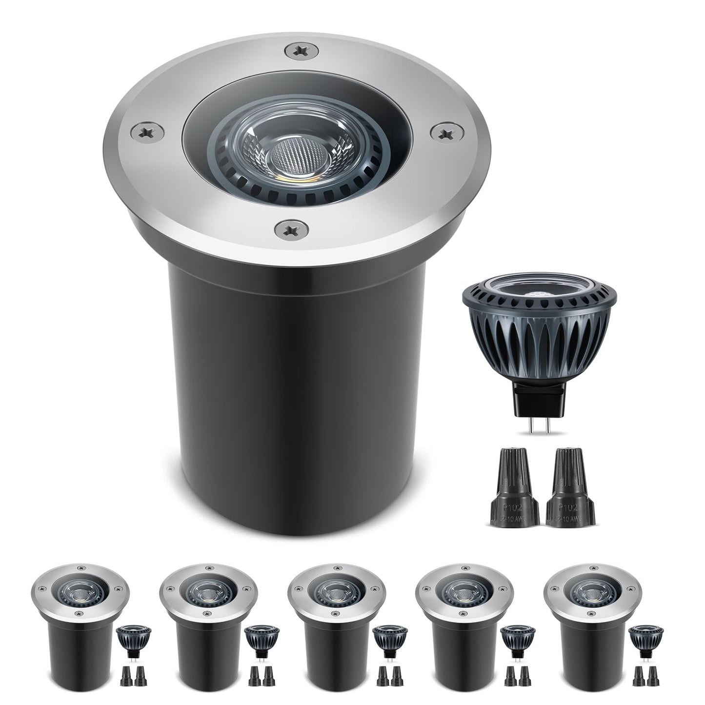 Gardencoin Low Voltage Landscape LED Well Lights, 12V in Ground Lights Outdoor IP67 Waterproof, 5" Tall Wired Landscape Up Lighting, Included Replaceable 5W 2700K MR16 Bulb Dimmable, 6 Pack