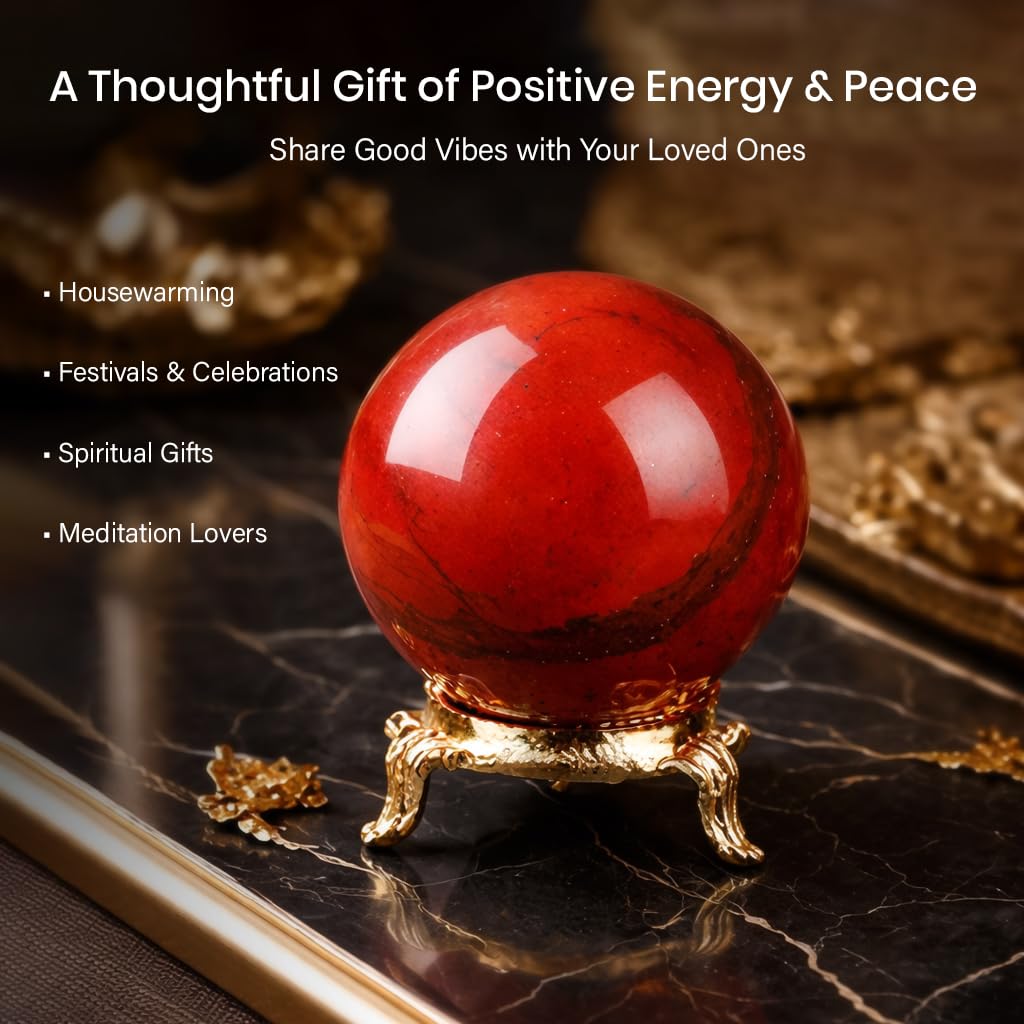 Crocon 55mm Red Jasper Stone Sphere Ball with Metal Stand 1400+ Carats Gemstone Ball Healing Sphere Sculpture Figurine for Fengshui Divination Home Decoration Photography Crystal Sphere