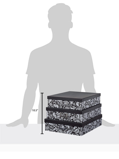 Soul & Lane Modern Botanical Decorative Cardboard Boxes with Lids, Set of 3 Black and White Floral Letter Storage for Documents, Memory Boxes for Keepsakes, Photos, Scrapbooks