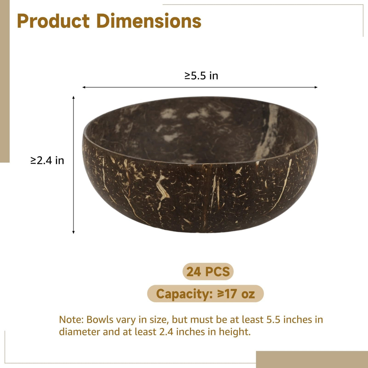 NIMBLOOM 24 PCS Coconut Shell Bowls, 17 oz Natural Wooden Bowls, Rustic Serving Bowls for Smoothie Acai Salad Snacks, Vegan Presents, Kitchen Decor, Picnic, Theme Party Dining