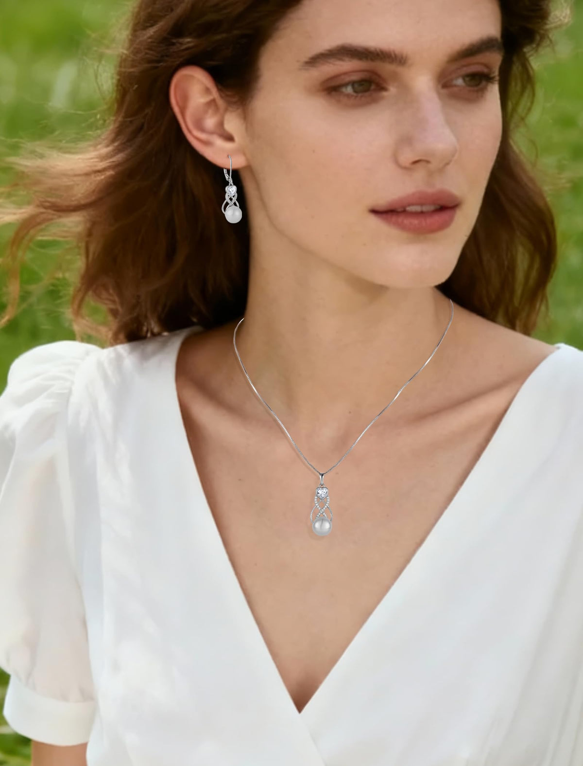 Pearl Earrings Necklace Jewelry Set for Women 925 Sterling Silver Heart Simulated Diamond Freshwater Pearl Jewelry Gift for Her