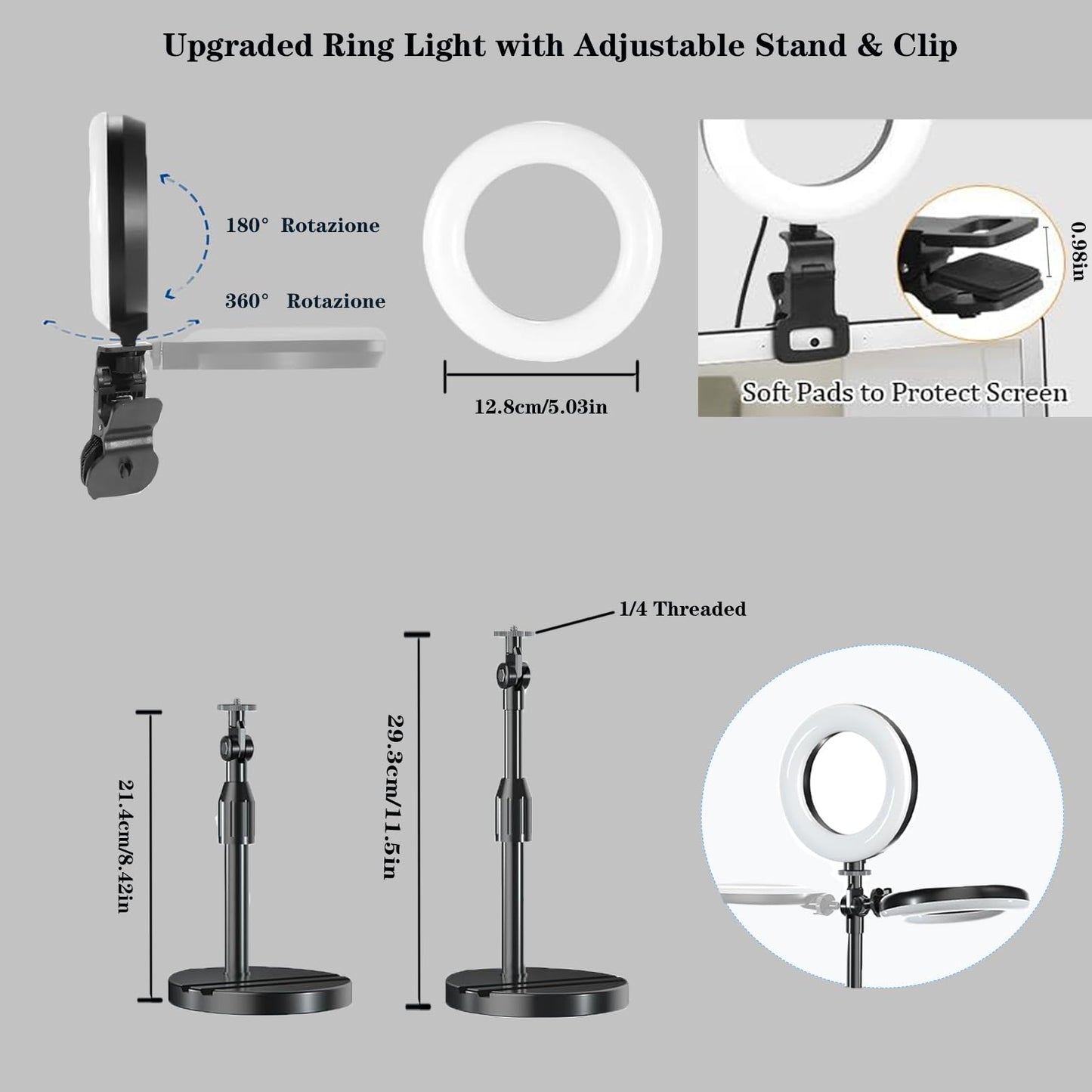 Ring Light with Stand, Desk Ring Light with Clip Upgraded 10W 3000K-6500K Travel Desktop Light for Phone Selfie Laptop Zoom Video Makeup Vlog Tiktok Live Streaming