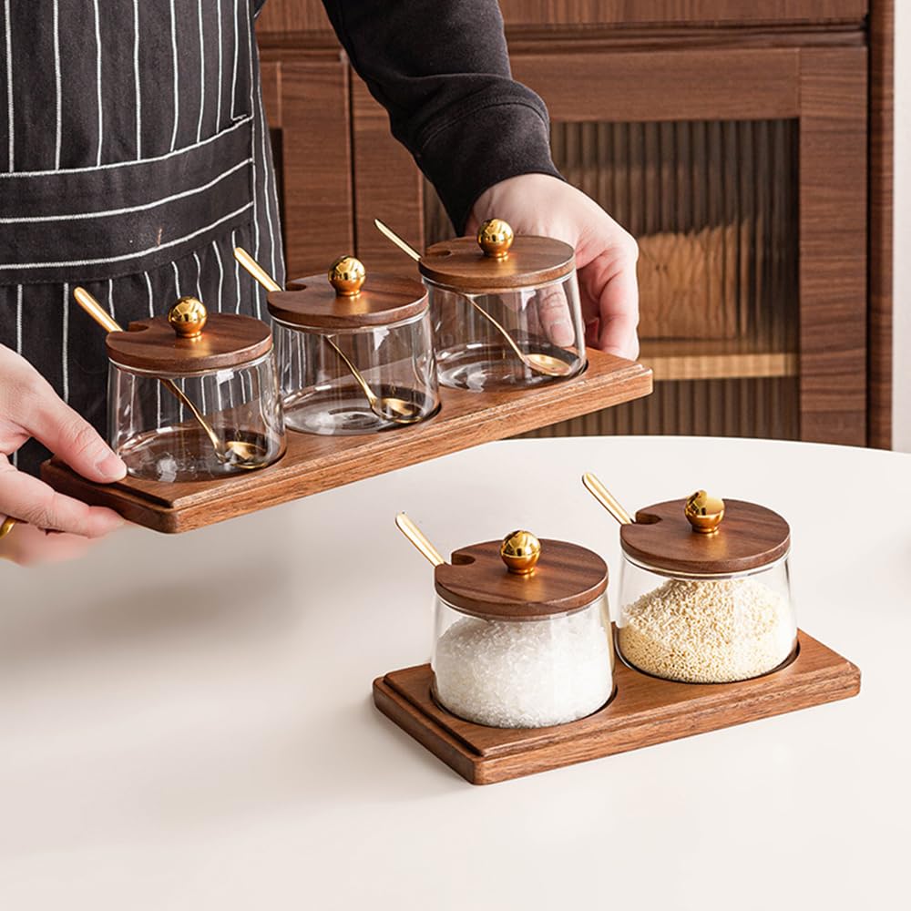 ANQIA Condiment Containers Set with Acacia Wood Lids and Tray Seasoning Box Condiment Pots Jars with Spoons for Spice Salt Sugar Cruet (Gold Top, 3 Jars with Tray)