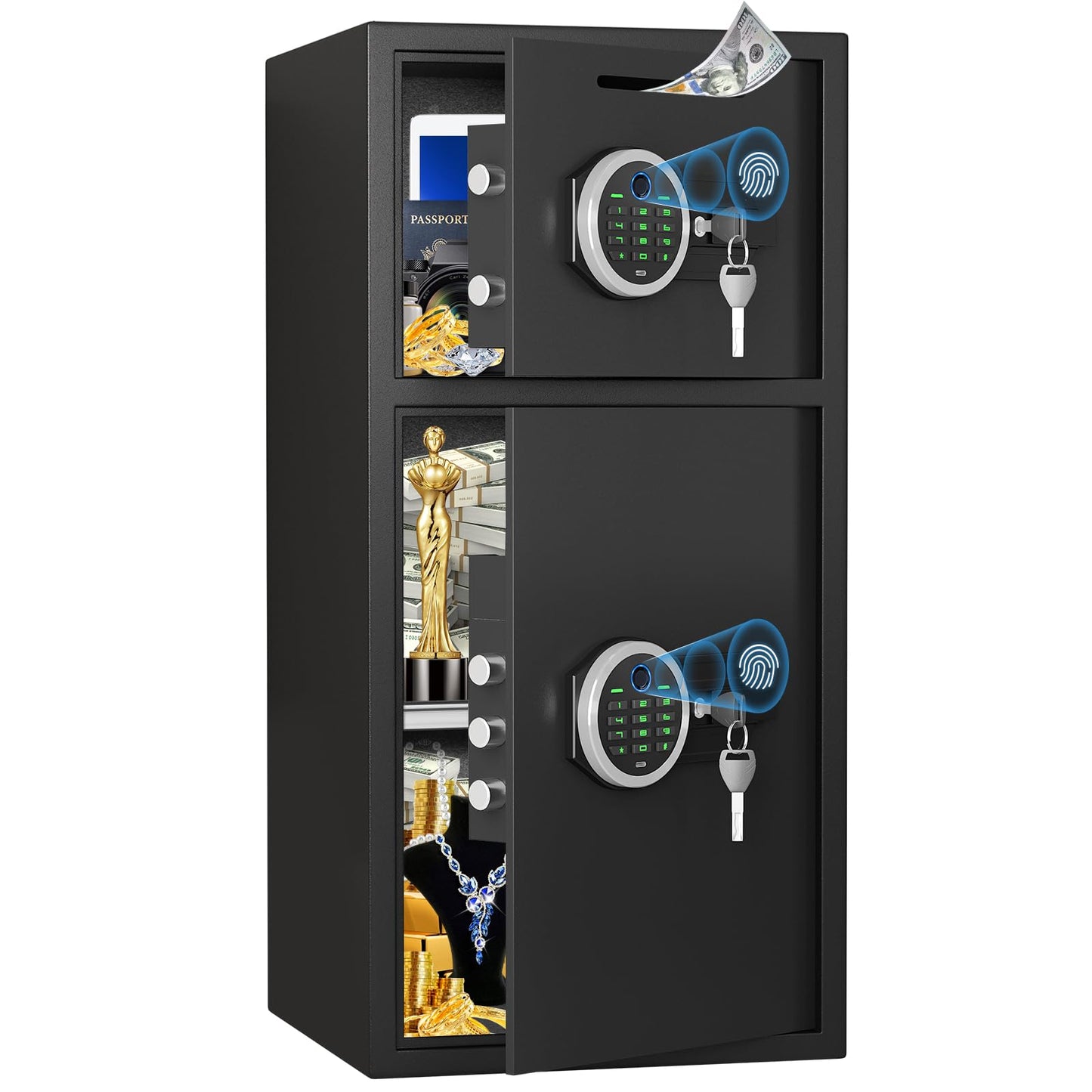 Omethey 6.0 Cuft Extra Large Home Safe Box Fireproof Waterproof, Fingerprint Safe, Home Security Safes Box with Adjustable Shelf & Drop Slot, Money Safes with Backlit Keypad & Dual Alarm for Office