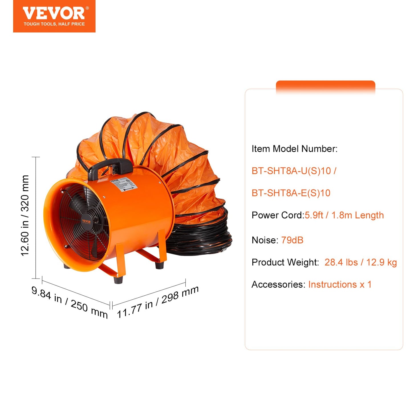 VEVOR Air Mover Blower Fan 8 Inch, 1070CFM 195W with 33ft Flexible Duct, Industrial Portable Ventilator Blower/Exhaust