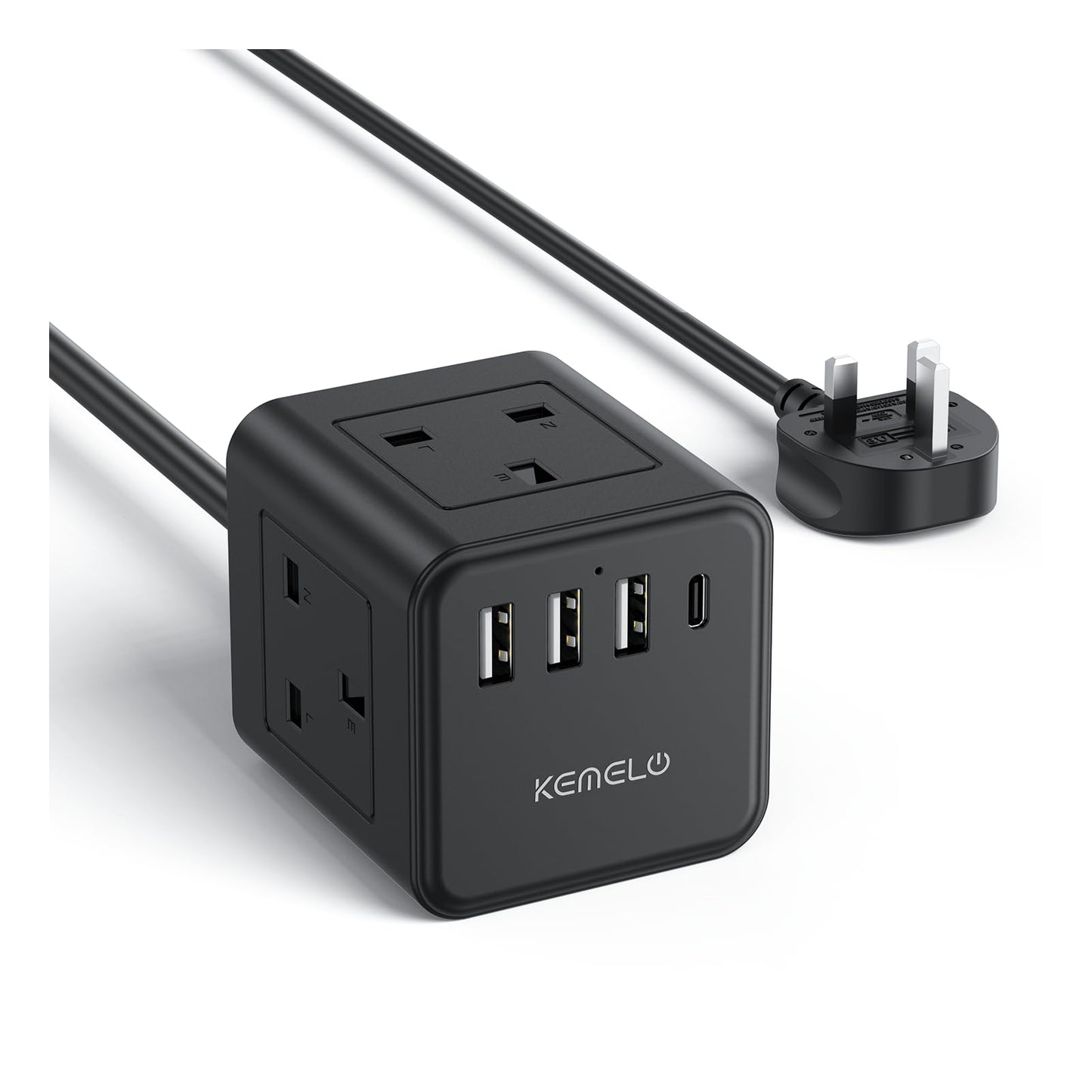 3M Extension Lead with USB, Kemelo 4 Way (13A/3250W) Plug Extension Socket with 3 USB A & 1 USB C, Child Safety Extension Cord,Black Power Strip for Home Desk Office