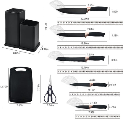 Kitchen Utensils Set & Knife Set with Block, 19 Piece All-in-One Cooking Set, 12 Nonstick Silicone Utensils + 5 Sharp Stainless Steel Chef Knives + Cutting Board, Dishwasher Safe Gift Set (Black)