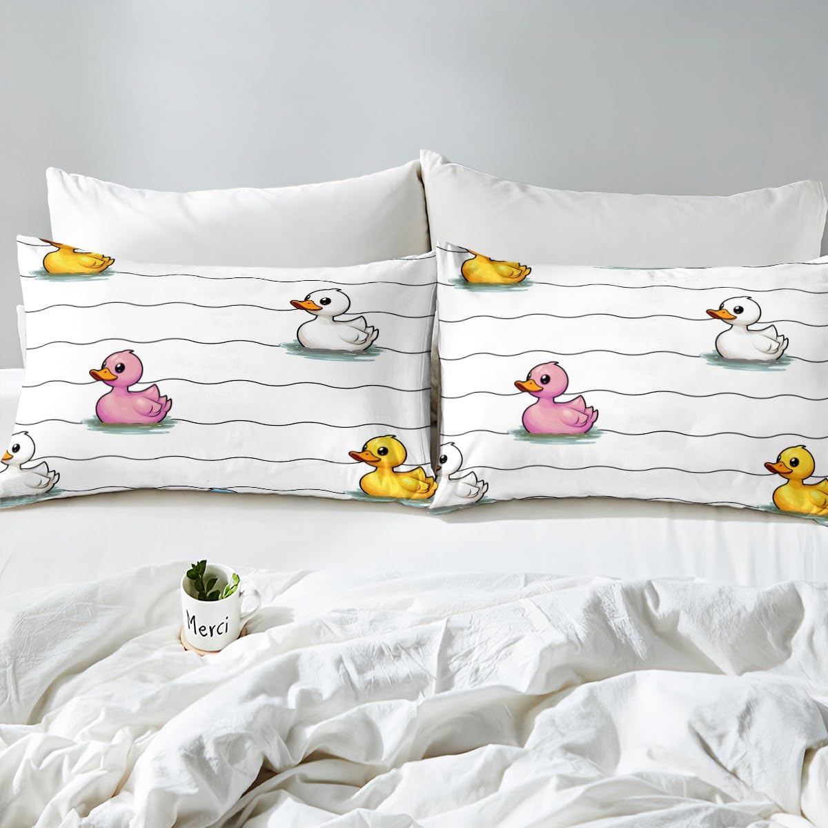 Erosebridal Cartoon Duck Sheet Set for Kids Boys Girls,Colorful Duck Bed Sheets Full,Cute Hand Drawn Duck Wave Lines Bedding Set,Lovely Farmhouse Animal Fitted Sheet + Top Sheet + 2 Pillowcases